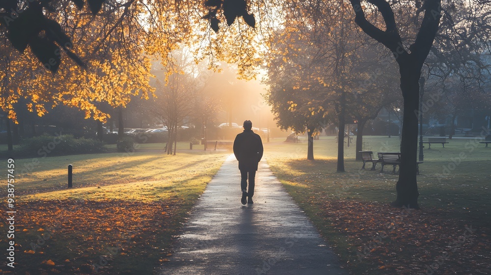 A serene autumn scene featuring a solitary figure walking along a misty path illuminated by soft morning light, surrounded by vibrant orange leaves. A serene autumn scene featuring a solitary figure walking along a misty path illuminated by soft morning light, surrounded by vibrant orange leaves.
