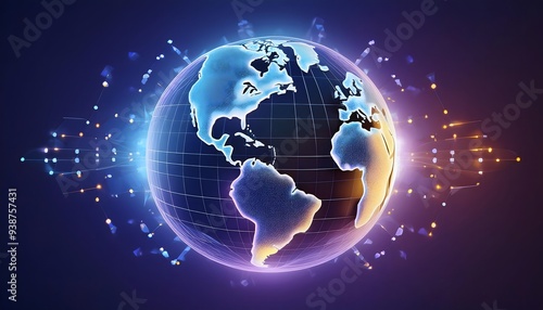 Illustration of the world in a blue theme showing the concept of hologram technology from AI.
