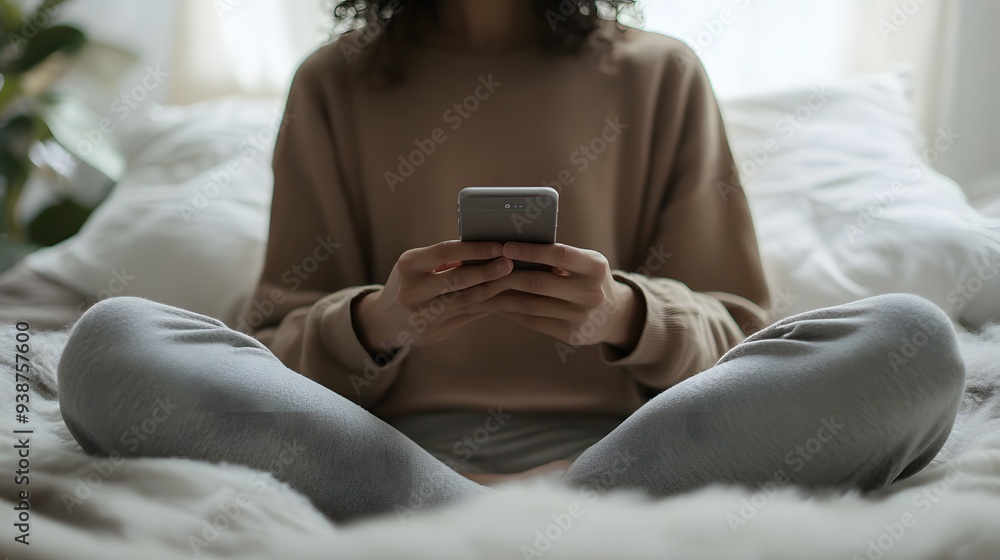 A woman sits cross-legged on a bed, holding a smartphone and focused on her device in a cozy, softly lit environment. A woman sits cross-legged on a bed, holding a smartphone and focused on her device in a cozy, softly lit environment.