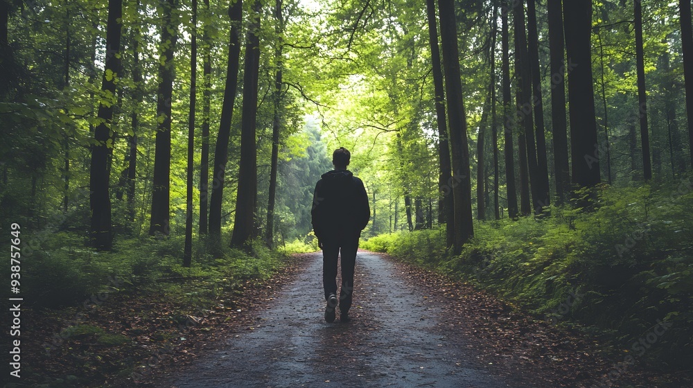 A solitary figure walks along a tranquil forest path, surrounded by lush greenery and tall trees, creating a serene and peaceful atmosphere. A solitary figure walks along a tranquil forest path, surrounded by lush greenery and tall trees, creating a serene and peaceful atmosphere.