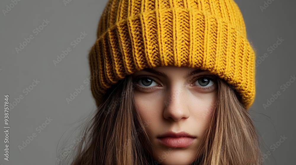 A close-up portrait of a woman wearing a yellow knitted beanie hat mockup, showcasing her striking features and long hair against a neutral background. A close-up portrait of a woman wearing a yellow knitted beanie hat mockup, showcasing her striking features and long hair against a neutral background.