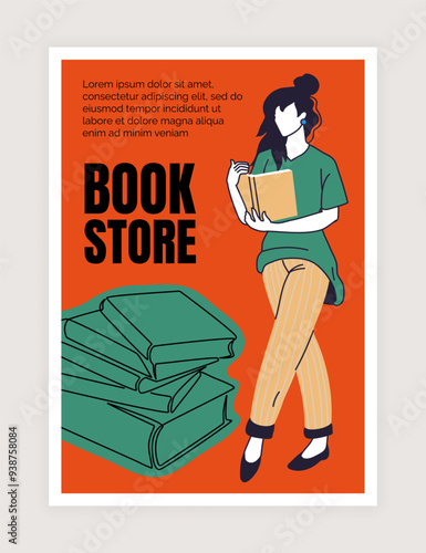 Book store poster. woman red book. Textbook stacks and piles. Advertising banner with copy space for text. Student girl in library. Education and knowledge cartoon flat isolated bookstore illustration