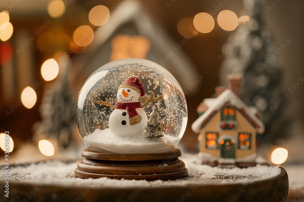 A snowman inside an empty glass dome with trees and house A snowman inside an empty glass dome with trees and house