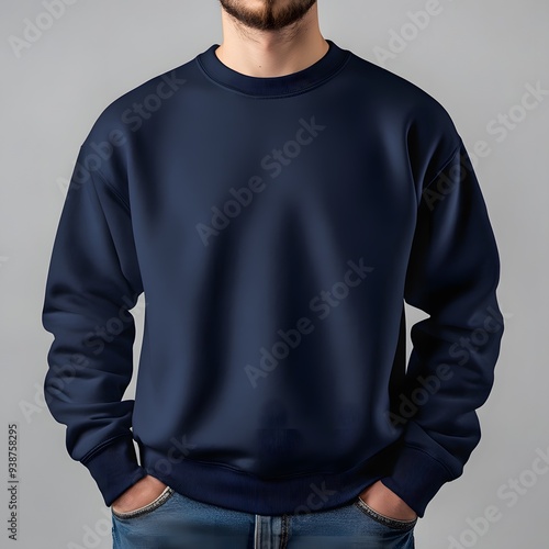 A model is wearing a plain navy blue sweatshirt mockup against a neutral background, showcasing a minimalist and contemporary style. 