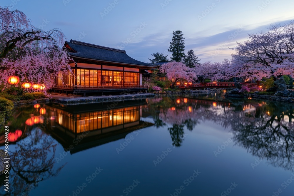 Fototapeta premium Japanese Garden Bridge and Pond at Dusk.
