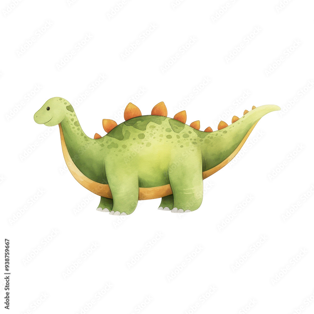 Cute green dinosaur with friendly expression, featuring spiky orange details along its back. Perfect for childrens illustrations or educational materials. Cute green dinosaur with friendly expression, featuring spiky orange details along its back. Perfect for childrens illustrations or educational materials.