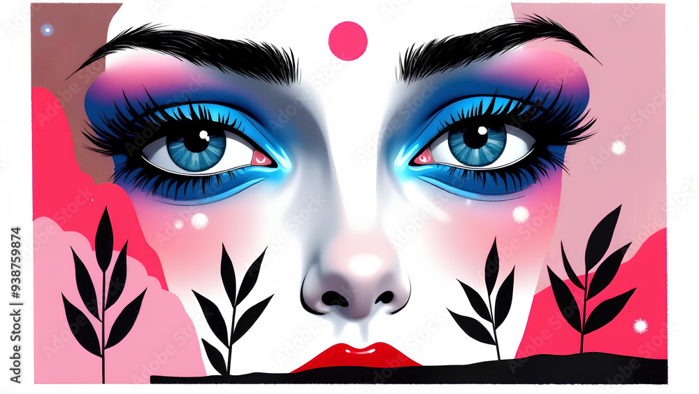Abstract collage featuring a close-up of eyes with vibrant blue and pink makeup Abstract collage featuring a close-up of eyes with vibrant blue and pink makeup