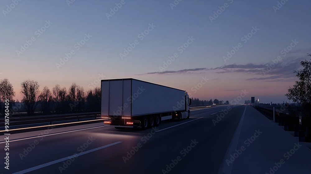 Semi truck driving on highway at dusk. Semi truck driving on highway at dusk.