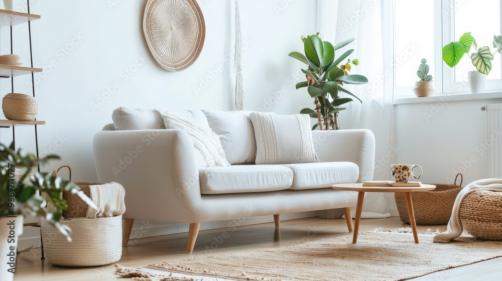 a Scandinavian living room with a simple sofa, a wooden coffee table, and a cozy rug. a Scandinavian living room with a simple sofa, a wooden coffee table, and a cozy rug.
