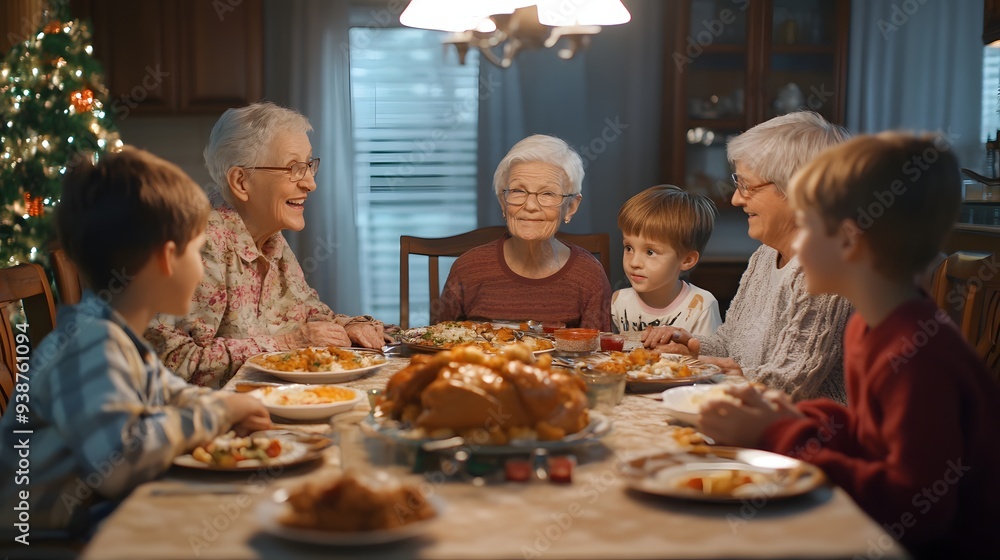 A joyful family gathering around a festive dinner table, celebrating together with delicious food and laughter during the holiday season. A joyful family gathering around a festive dinner table, celebrating together with delicious food and laughter during the holiday season.