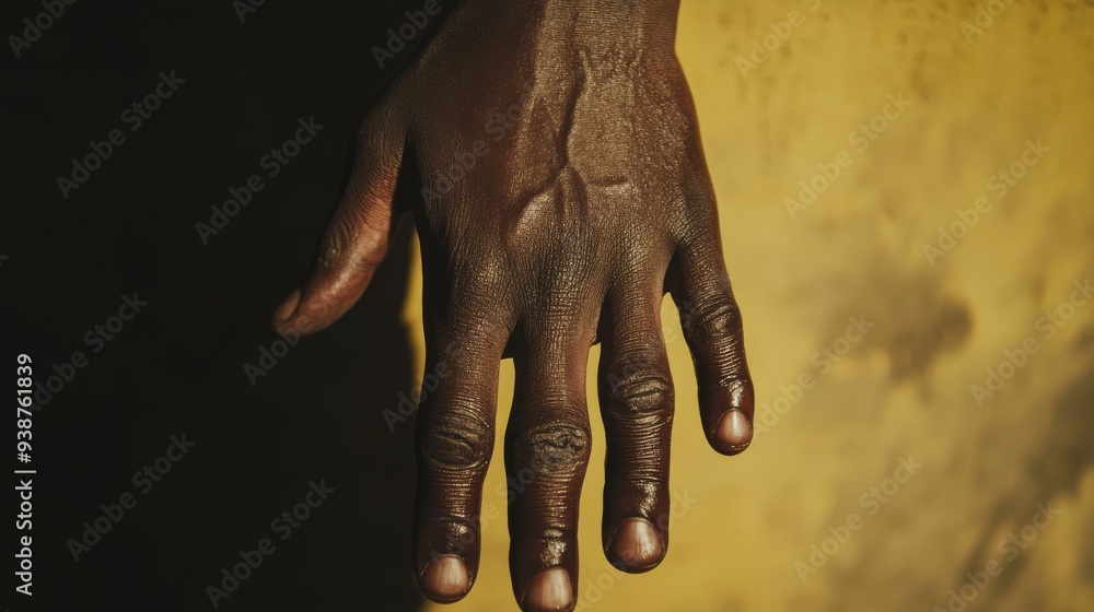 Fototapeta premium A medium shot of a hand with dark brown skin displaying rash and blisters due to monkeypox virus The hand is open with fingers spread slightly placed against a dark wooden surface creating a strong co