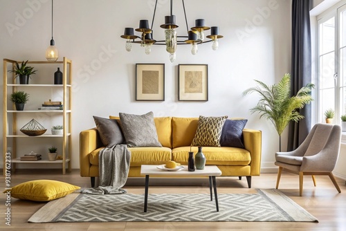 Scandinavian sofa with pillows and dark yellow blanket in bright living room interior with black chandelier photo