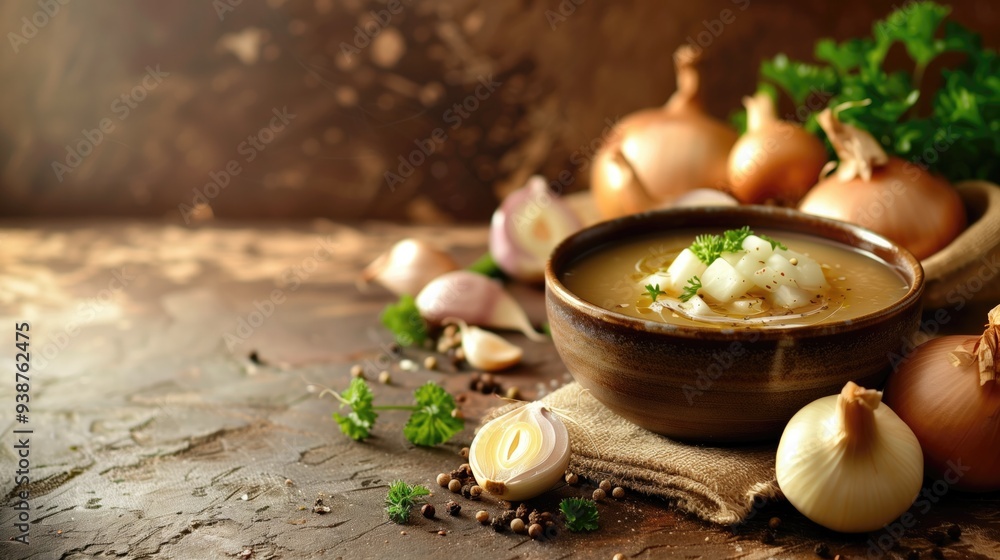 French onion soup with caramelized onions and bread stuffing on a wooden table with ingredients.Traditional French dish for cafe and restaurant menus
