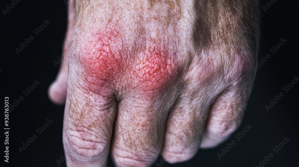 A closeup of a paleskinned hand showing an outbreak of monkeypox virus with red rash and swollen blisters The hand is resting on a soft fabric surface with the blisters prominently visible on the knuc A closeup of a paleskinned hand showing an outbreak of monkeypox virus with red rash and swollen blisters The hand is resting on a soft fabric surface with the blisters prominently visible on the knuc