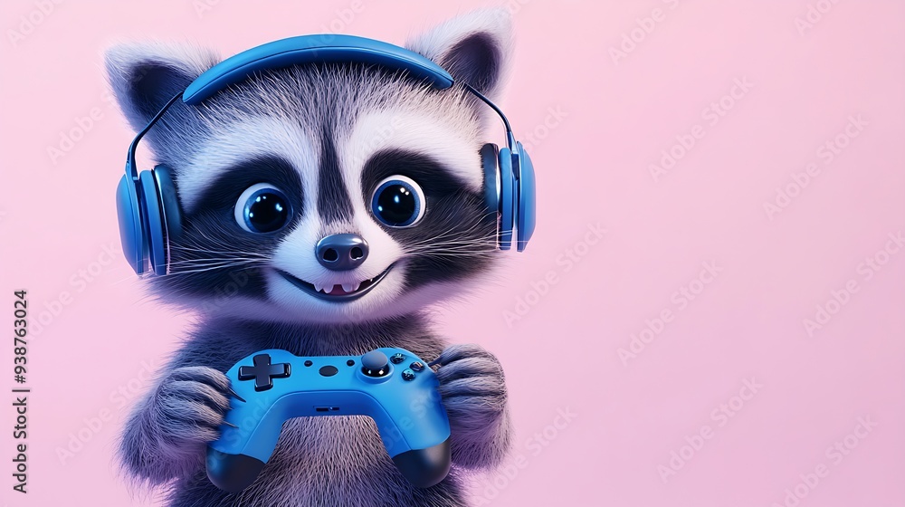 Fototapeta premium Cute raccoon wearing headphones and holding a game controller.