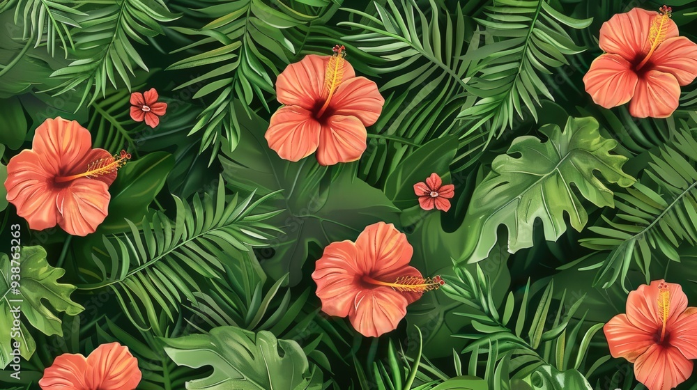 a seamless tropical pattern with a mix of lush green ferns and bright hibiscus flowers. a seamless tropical pattern with a mix of lush green ferns and bright hibiscus flowers.