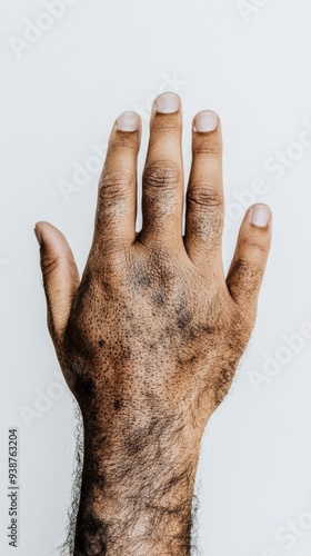 A closeup of a hand with visible rash and blisters symptoms of monkeypox virus on a lightskinned person The hand is slightly clenched showing tension with the rash covering the back of the hand and fi photo