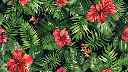 a seamless tropical pattern with a mix of lush green ferns and bright hibiscus flowers.