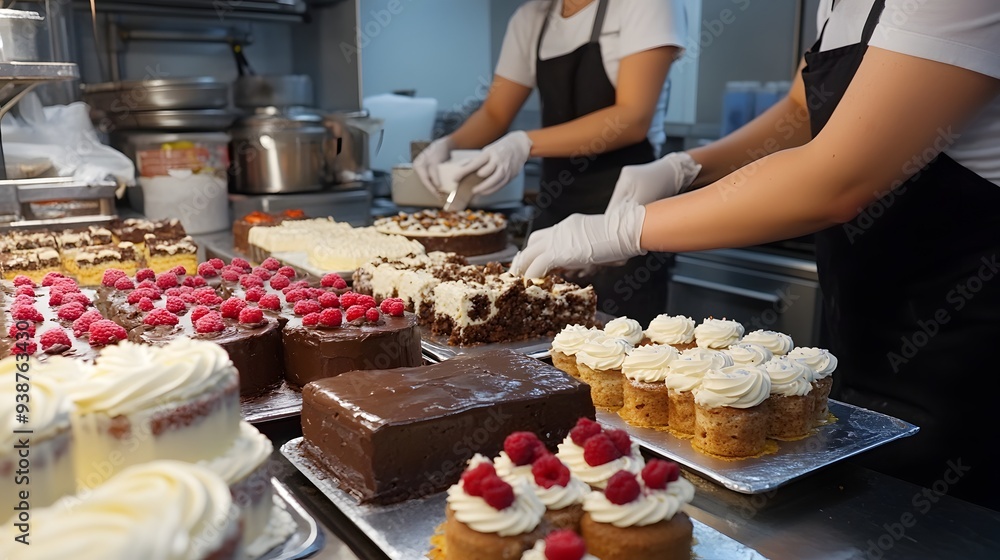 A vibrant bakery scene showcasing a variety of elegantly decorated cakes and pastries being prepared by skilled bakers. A vibrant bakery scene showcasing a variety of elegantly decorated cakes and pastries being prepared by skilled bakers.
