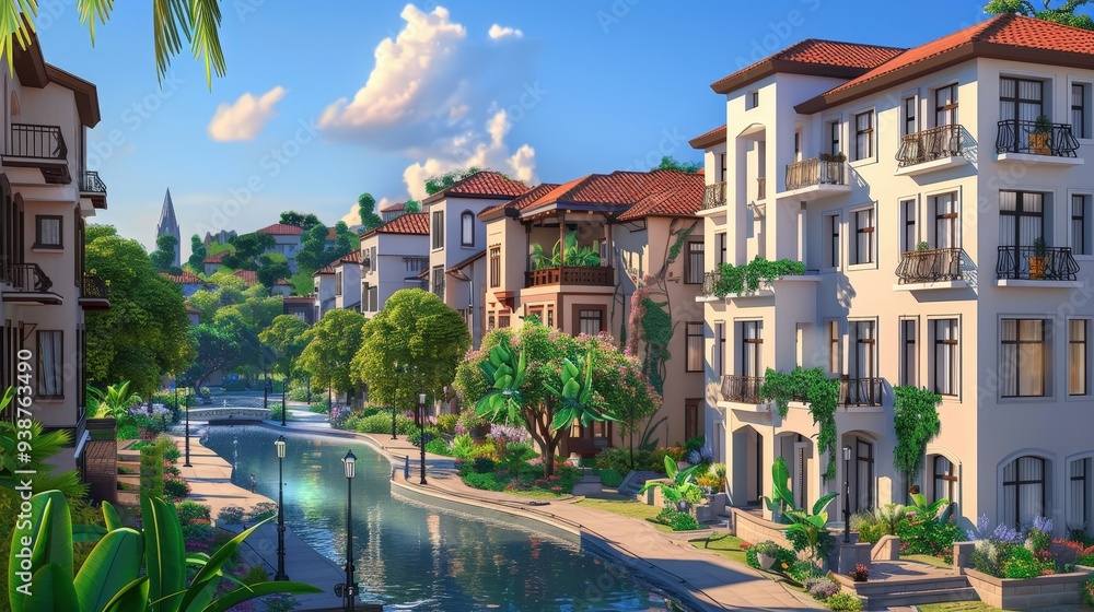 a serene residential scene with a blend of sleek apartment buildings and charming houses a serene residential scene with a blend of sleek apartment buildings and charming houses
