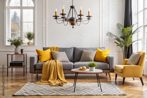 Scandinavian sofa with pillows and dark yellow blanket in bright living room interior with black chandelier photo