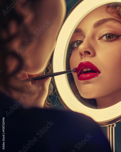 A young woman applying red ...