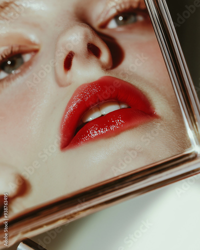 A young woman applying red ...