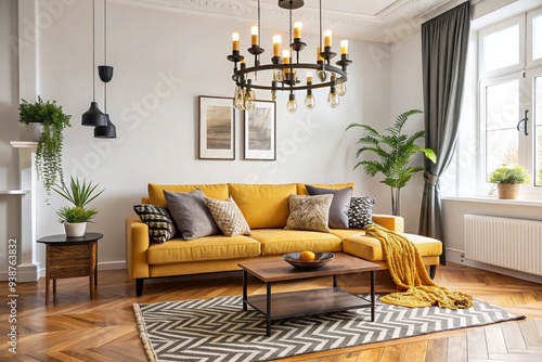 Scandinavian sofa with pillows and dark yellow blanket in bright living room interior with black chandelier photo