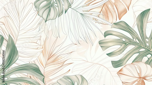 Wallpaper Mural a sophisticated tropical pattern with delicate line drawings of tropical plants and subtle gradients. Torontodigital.ca