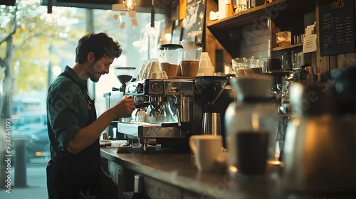 Obraz A barista meticulously prepares a fresh espresso in a cozy coffee shop setting, creating a warm and inviting atmosphere. 