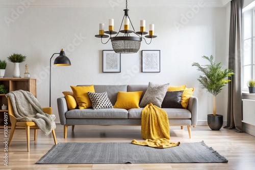 Scandinavian sofa with pillows and dark yellow blanket in bright living room interior with black chandelier photo