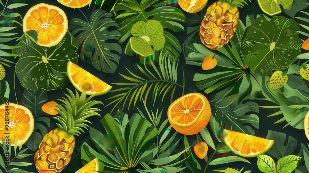 a tropical pattern with a combination of lush greenery and tropical fruit a tropical pattern with a combination of lush greenery and tropical fruit