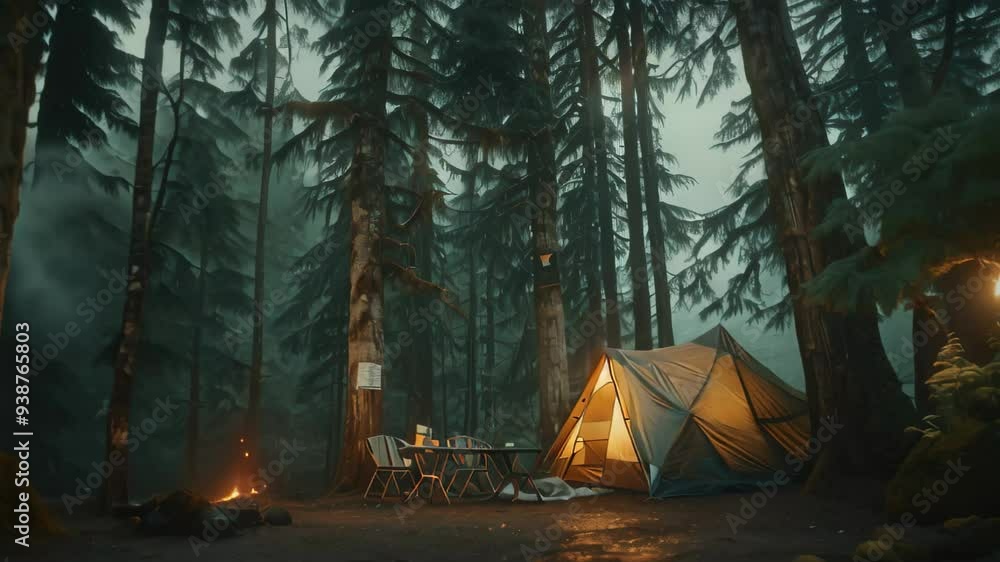 A single tent is set up in a clearing surrounded by tall trees, a campfire burns brightly, and the air is thick with mist A cozy campsite nestled among towering trees and a crackling campfire A single tent is set up in a clearing surrounded by tall trees, a campfire burns brightly, and the air is thick with mist A cozy campsite nestled among towering trees and a crackling campfire