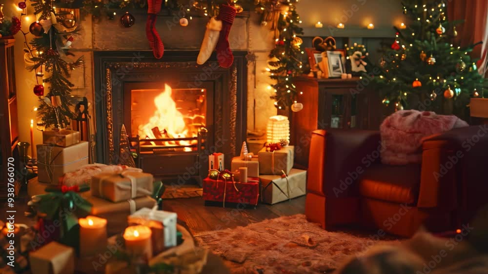 Cozy Christmas Living Room With Fireplace and Presents, A cozy living room with a crackling fire, surrounded by gifts and festive decorations Cozy Christmas Living Room With Fireplace and Presents, A cozy living room with a crackling fire, surrounded by gifts and festive decorations