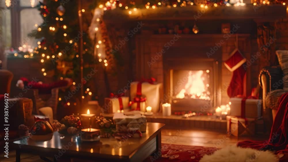 A cozy living room decorated for Christmas with a crackling fireplace, presents, and a Christmas tree A cozy living room with a crackling fire, surrounded by gifts and festive decorations A cozy living room decorated for Christmas with a crackling fireplace, presents, and a Christmas tree A cozy living room with a crackling fire, surrounded by gifts and festive decorations