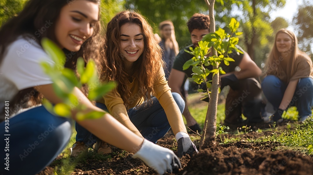 A diverse group of young people engages in planting trees, smiling and enjoying their time outdoors, contributing to a sustainable future. A diverse group of young people engages in planting trees, smiling and enjoying their time outdoors, contributing to a sustainable future.