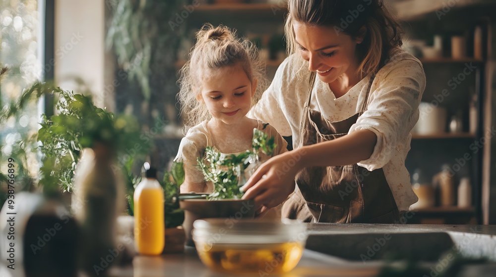 A warm and inviting scene of a mother and daughter joyfully preparing a fresh salad together in a cozy kitchen. A warm and inviting scene of a mother and daughter joyfully preparing a fresh salad together in a cozy kitchen.