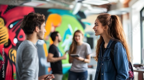 A vibrant and casual setting captures young adults engaging in conversation against a colorful mural backdrop, showcasing collaboration and creativity in a modern workspace environment. 
