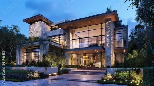 Design an exterior for a luxury home featuring a contemporary stone facade, dramatic lighting, and a beautifully landscaped garden.