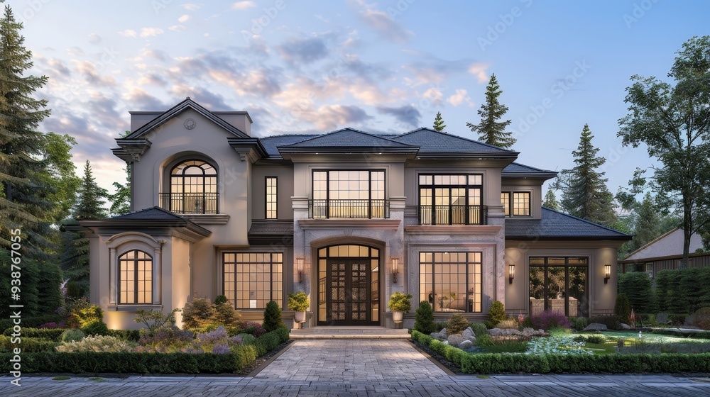Design an exterior for a luxury home with a stunning entrance, large bay windows, and an elegantly landscaped front yard. Design an exterior for a luxury home with a stunning entrance, large bay windows, and an elegantly landscaped front yard.