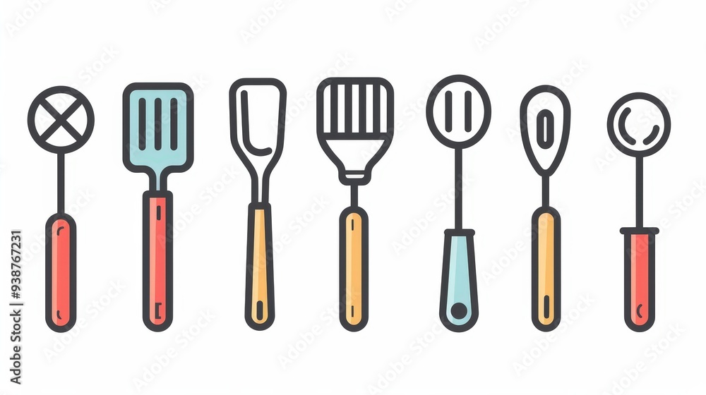 Design an icon featuring a set of kitchen utensils, including a spatula, whisk, and ladle, arranged neatly. Design an icon featuring a set of kitchen utensils, including a spatula, whisk, and ladle, arranged neatly.