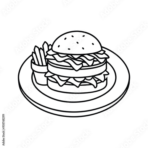 Line art vector of a classic American hamburger with fries on a stylish plate at a restaurant.