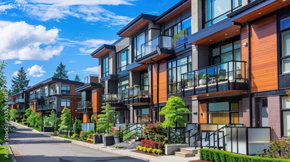 an image showcasing a row of stylish apartments with large windows and balconies, next to a set of cozy single-family homes. an image showcasing a row of stylish apartments with large windows and balconies, next to a set of cozy single-family homes.