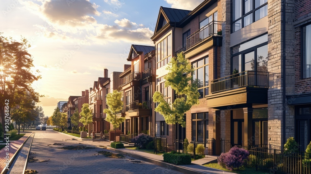 an image showcasing a row of stylish apartments with large windows and balconies, next to a set of cozy single-family homes. an image showcasing a row of stylish apartments with large windows and balconies, next to a set of cozy single-family homes.