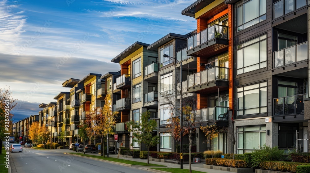 an image showcasing a row of stylish apartments with large windows and balconies, next to a set of cozy single-family homes. an image showcasing a row of stylish apartments with large windows and balconies, next to a set of cozy single-family homes.