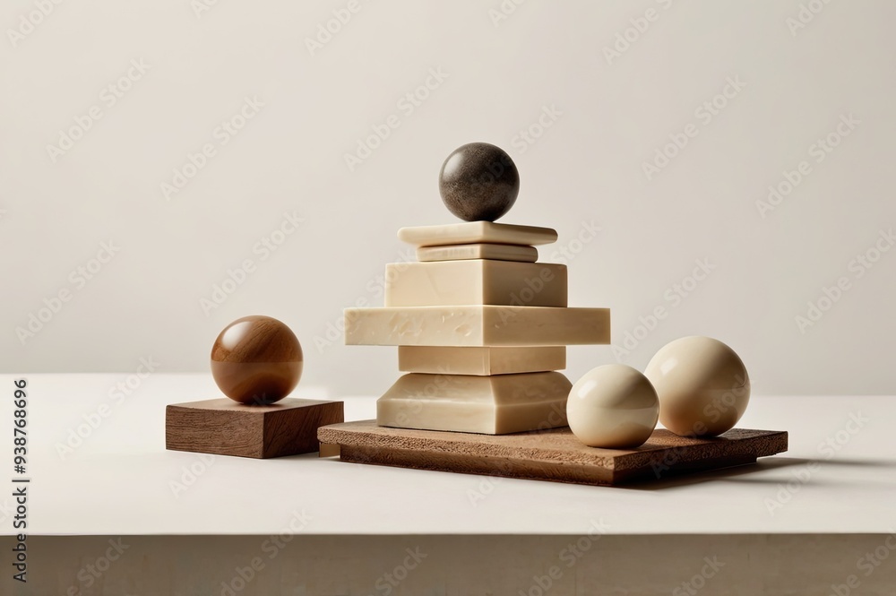 Different geometric shaped objects square half ring spheres and rectangle plank placed balancing on tip of cream pyramid on white ground Different geometric shaped objects square half ring spheres and rectangle plank placed balancing on tip of cream pyramid on white ground