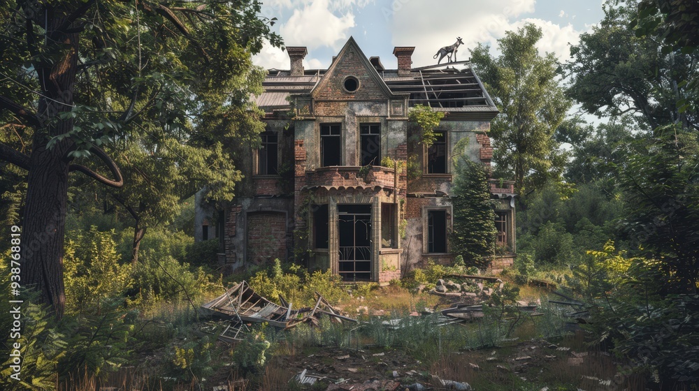 an image showing a house in ruin with broken windows and a crumbling facade an image showing a house in ruin with broken windows and a crumbling facade