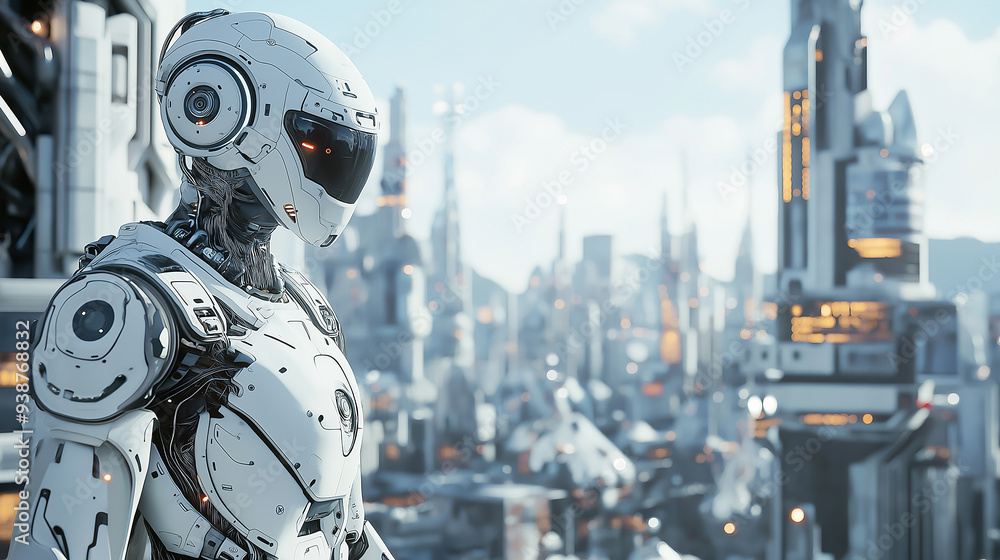 A sci-fi inspired metropolis with intelligent robots managing public services and security A sci-fi inspired metropolis with intelligent robots managing public services and security