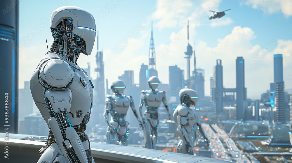 A sci-fi inspired metropolis with intelligent robots managing public services and security A sci-fi inspired metropolis with intelligent robots managing public services and security