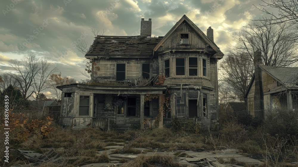 an image showing a house in ruin with broken windows and a crumbling facade an image showing a house in ruin with broken windows and a crumbling facade